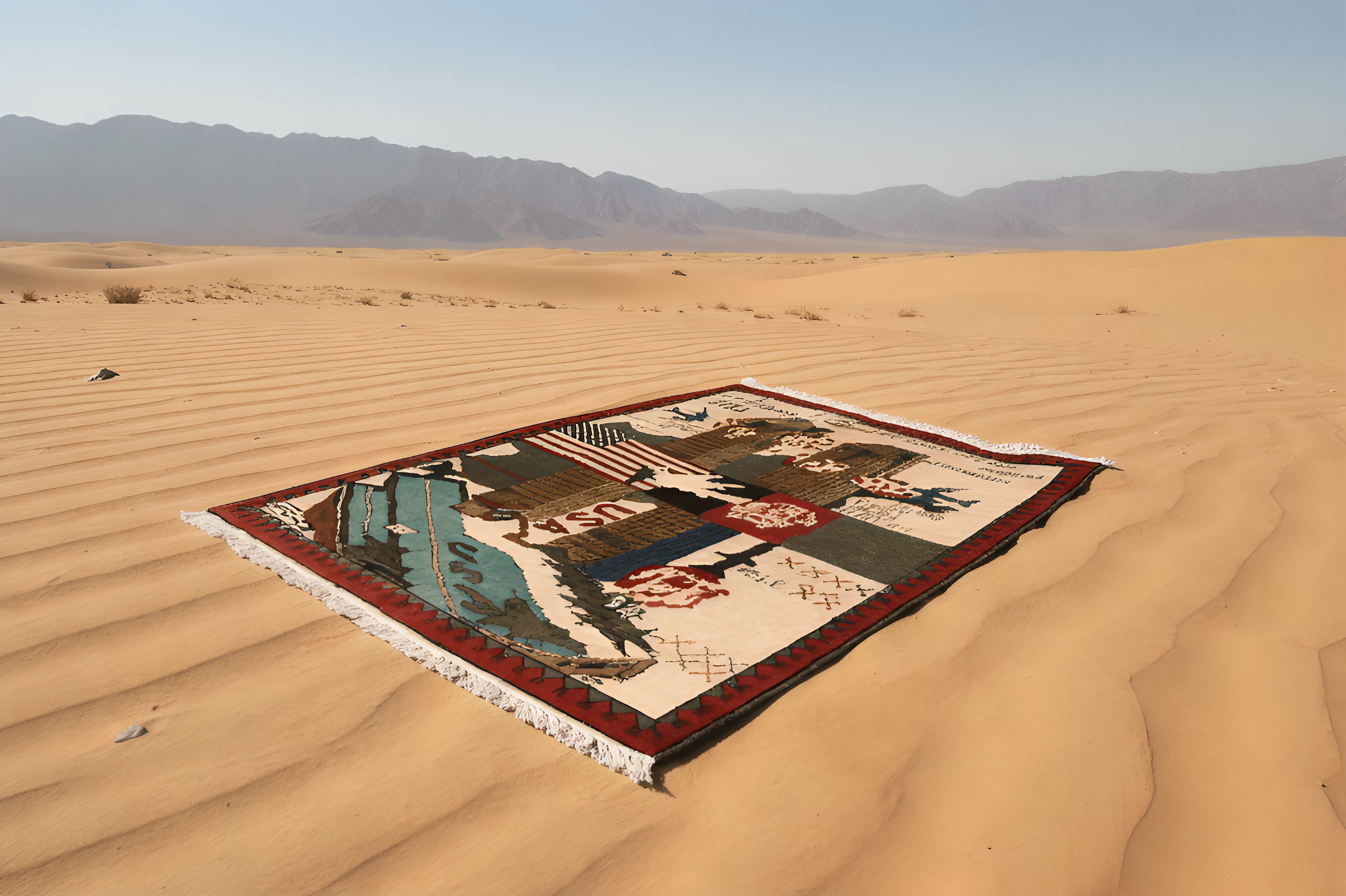 Afghan war rug displayed on sandy desert landscape — authentic handmade 100% wool rug made in Afghanistan