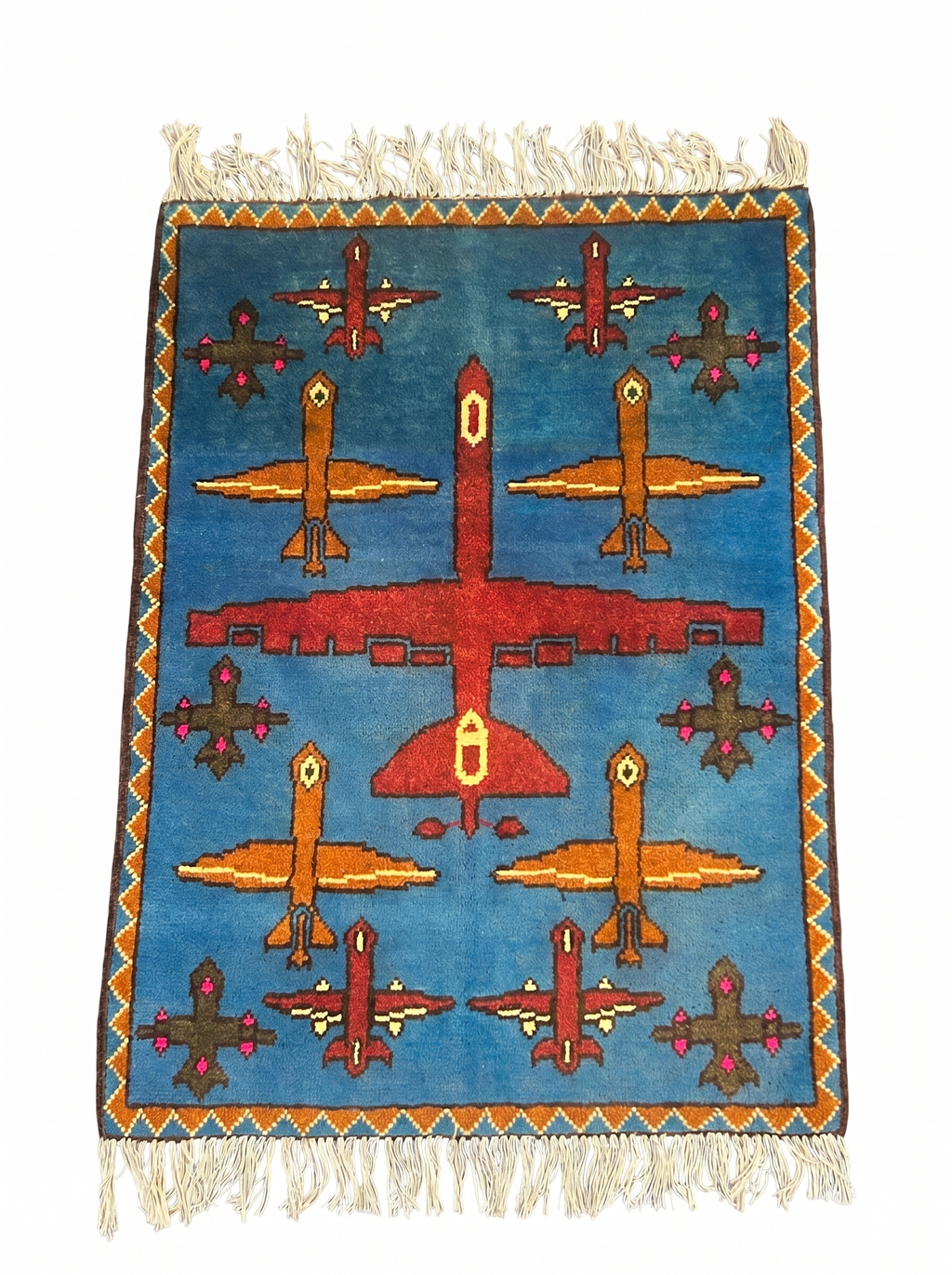 Authentic Afghan war rug with drone imagery hand-knotted by Afghan artisans