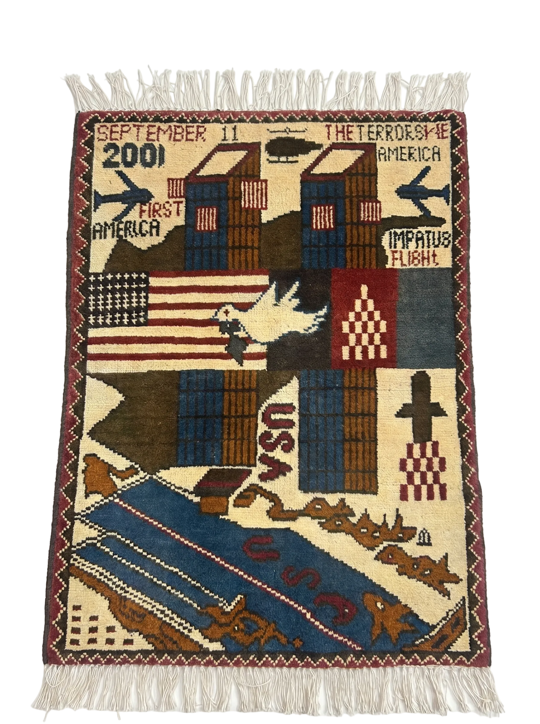 Handmade 9/11 Afghan war rug depicting post-September 11th military imagery