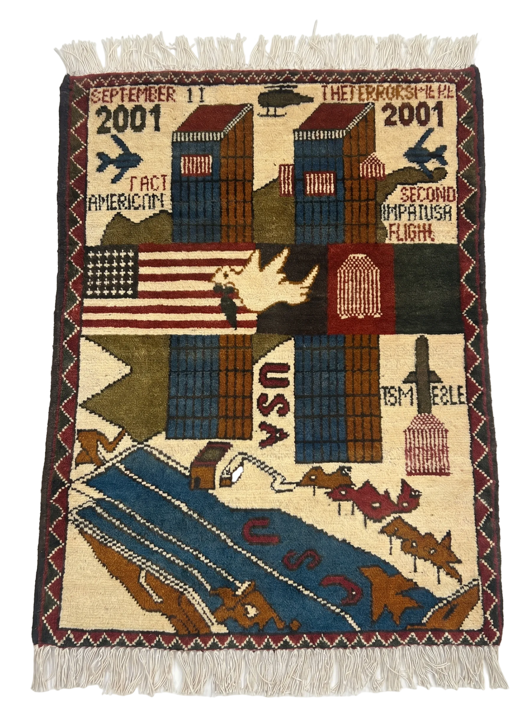 9/11 Afghan war rug close-up showing handwoven wool detail and craftsmanship