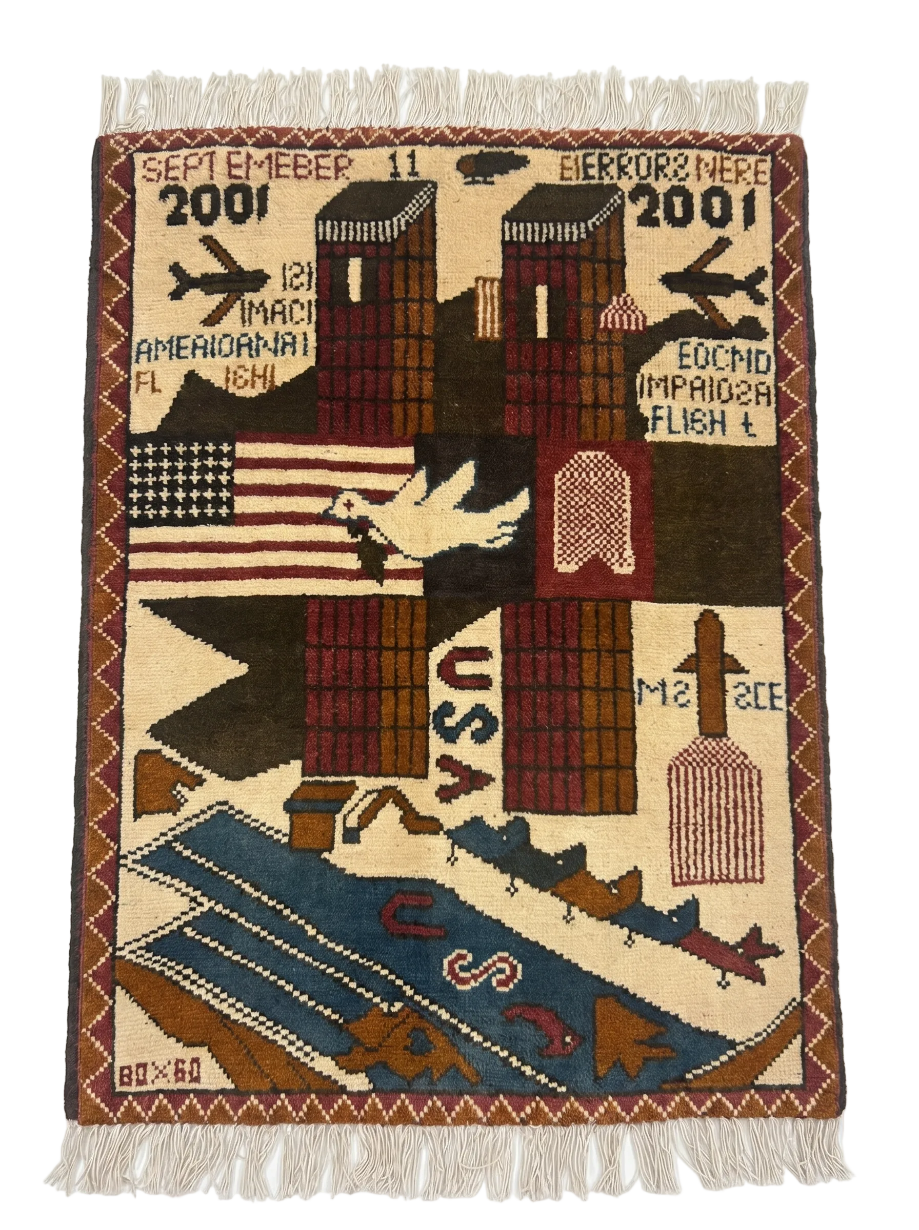 9/11 Afghan war rug featuring American flag, fighter planes, and 2001 text