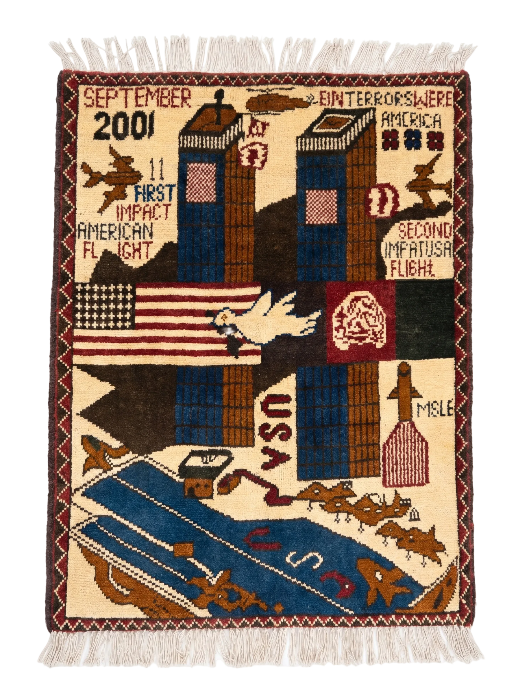 Hand-knotted 9/11 Afghan war rug with woven text and Twin Towers symbols