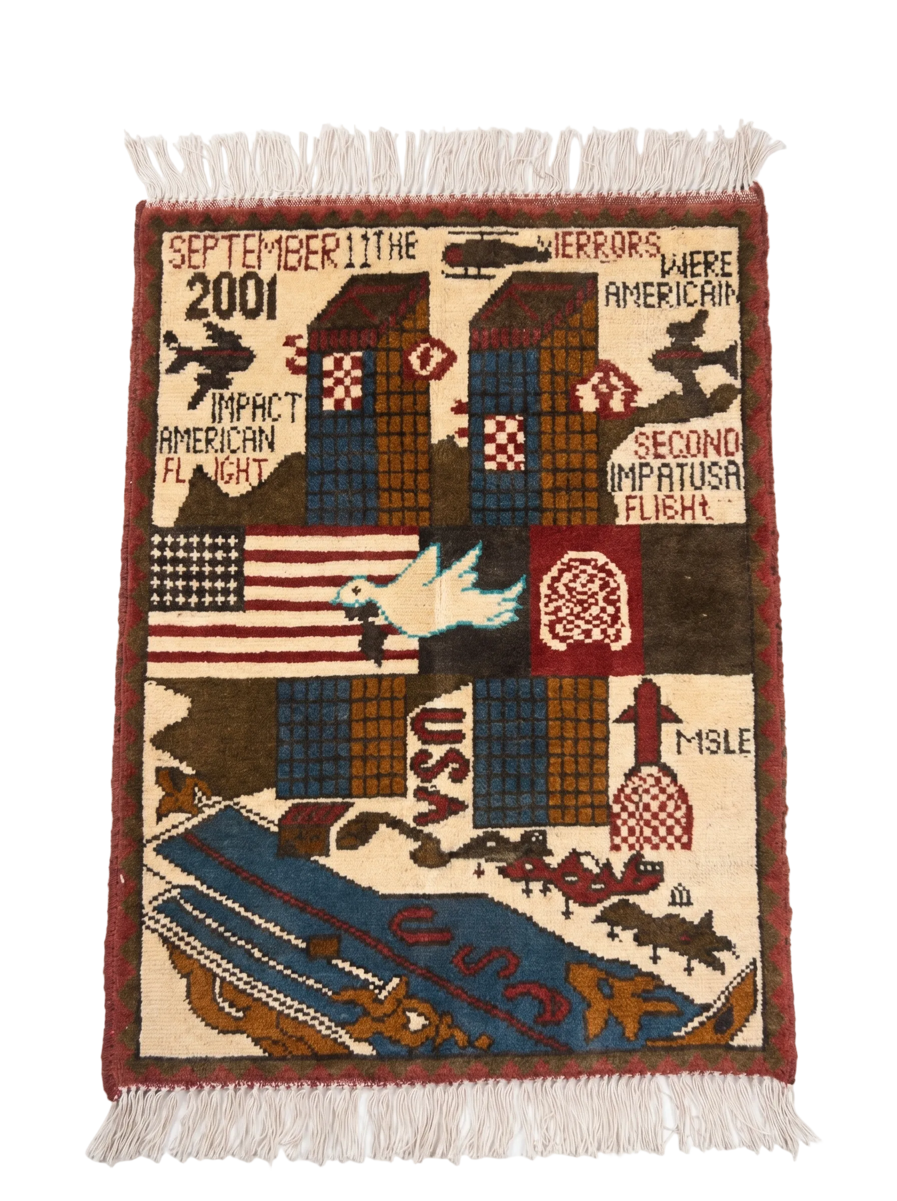 9/11 Afghan war rug with woven dove and peace symbols on wool