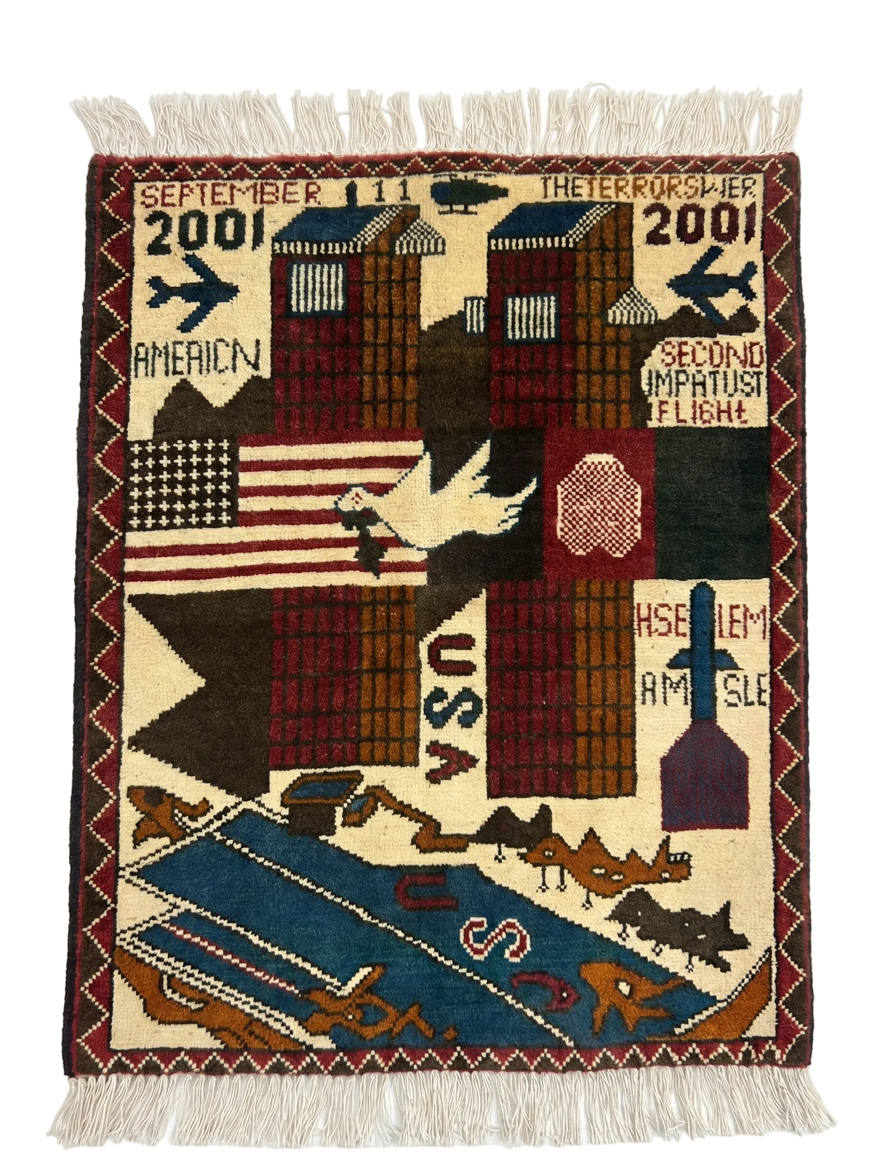 Authentic 9/11 Afghan war rug hand-knotted in Afghanistan with 100% wool