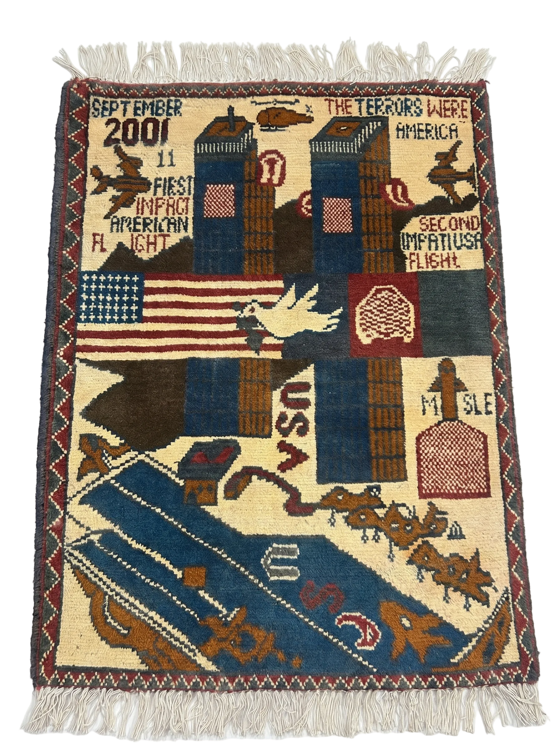 Handwoven 9/11 Afghan war rug featuring Twin Towers and aircraft imagery