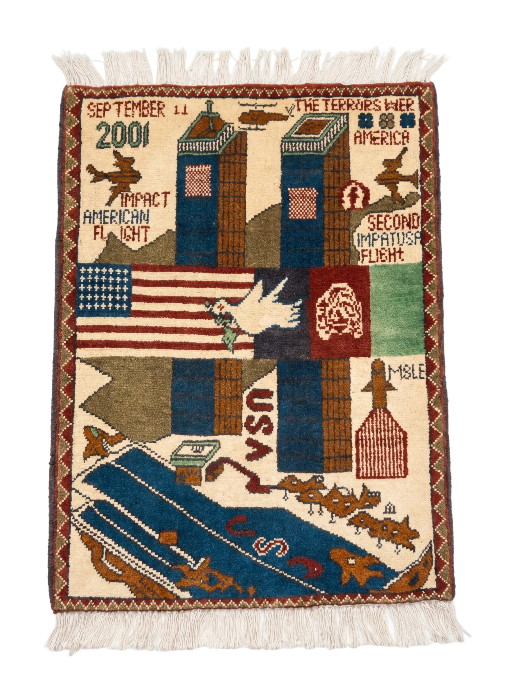 9/11 memorial Afghan war rug with handwoven symbols and historical text