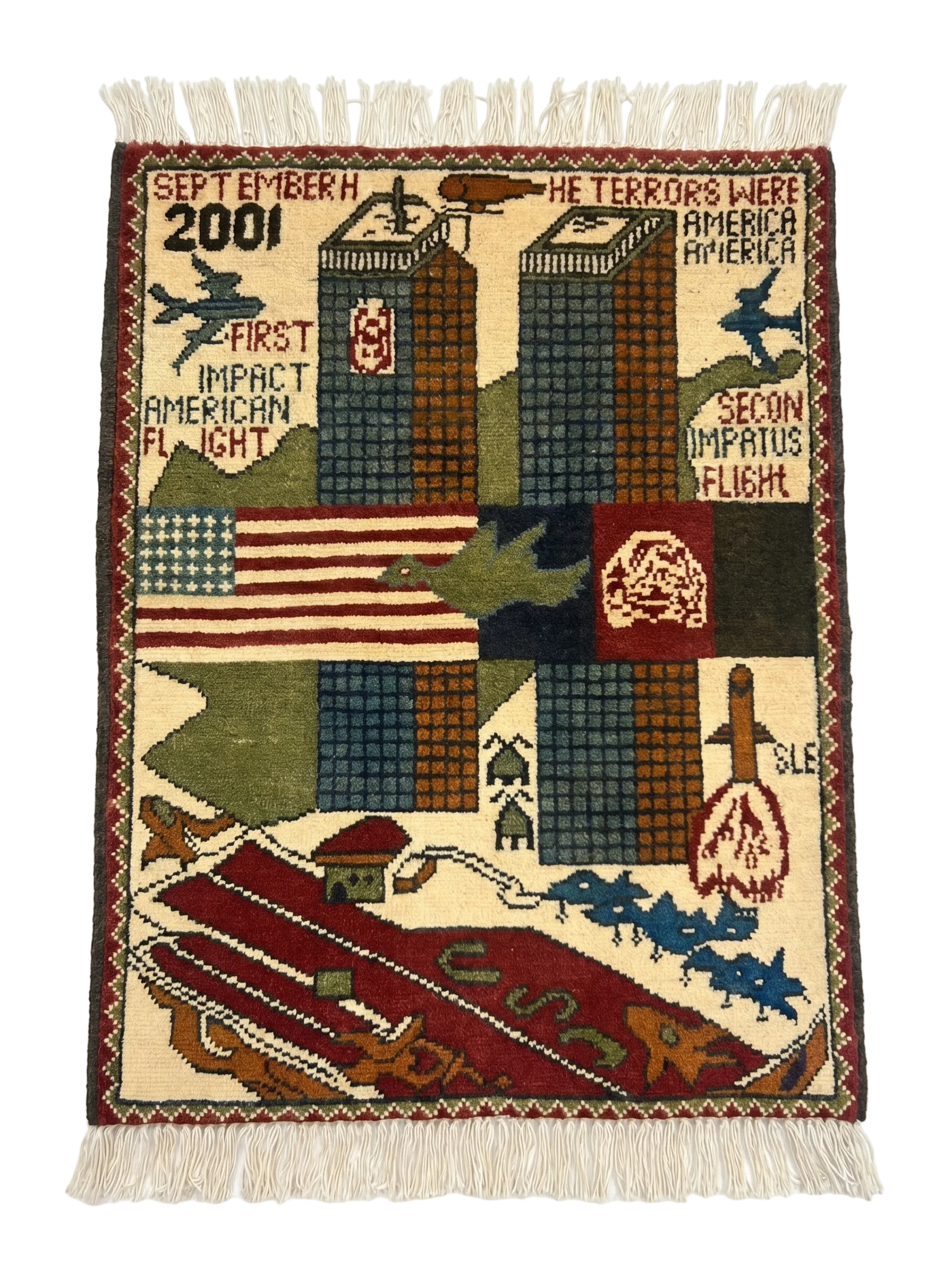Authentic Afghan war rug commemorating September 11th hand-knotted in wool