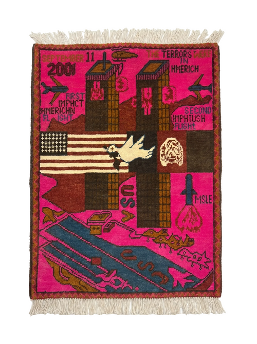 9/11 Afghan war rug featuring American flag motif handmade with 100% wool